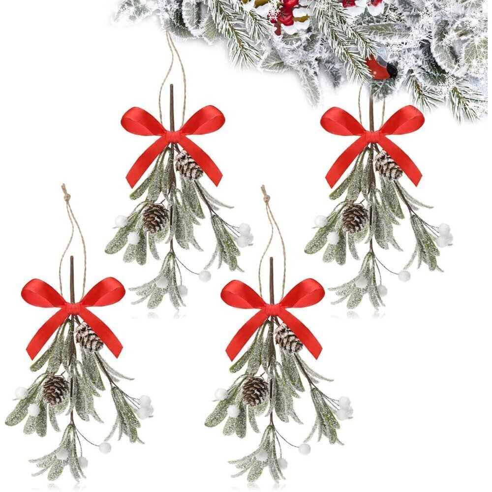 Classic 4-Pack Mistletoe Ornaments with Pine Cones - Perfect for Holiday